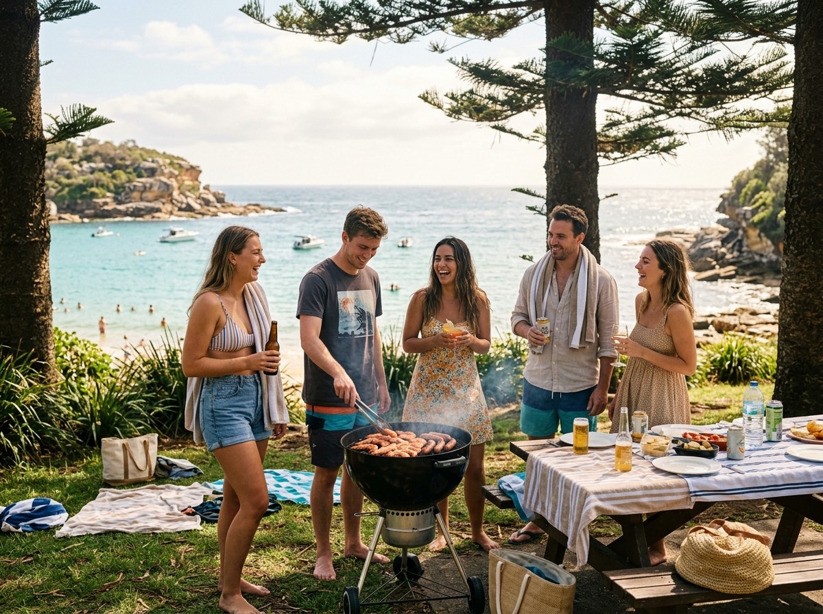 Guests enjoying a barbecue under the Norfolk pines beside Shelly Beach