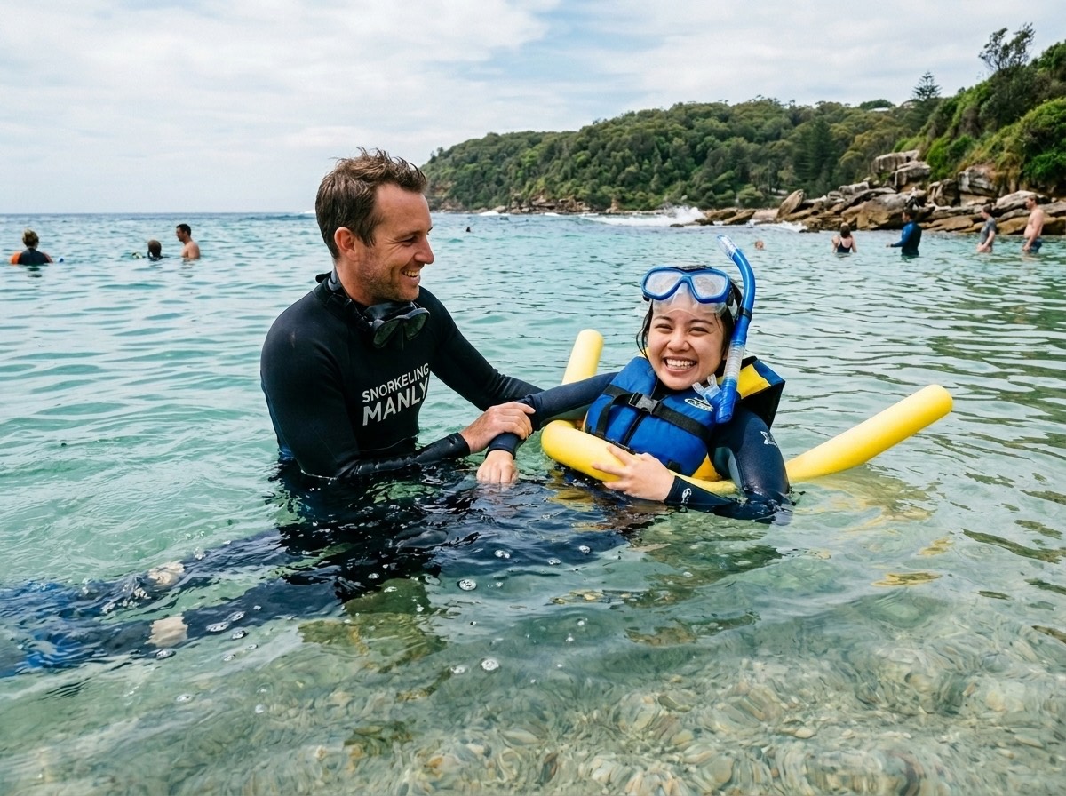 A guide supporting a smiling first-time snorkeller wearing a life jacket and holding a flotation noodle in calm shallow water