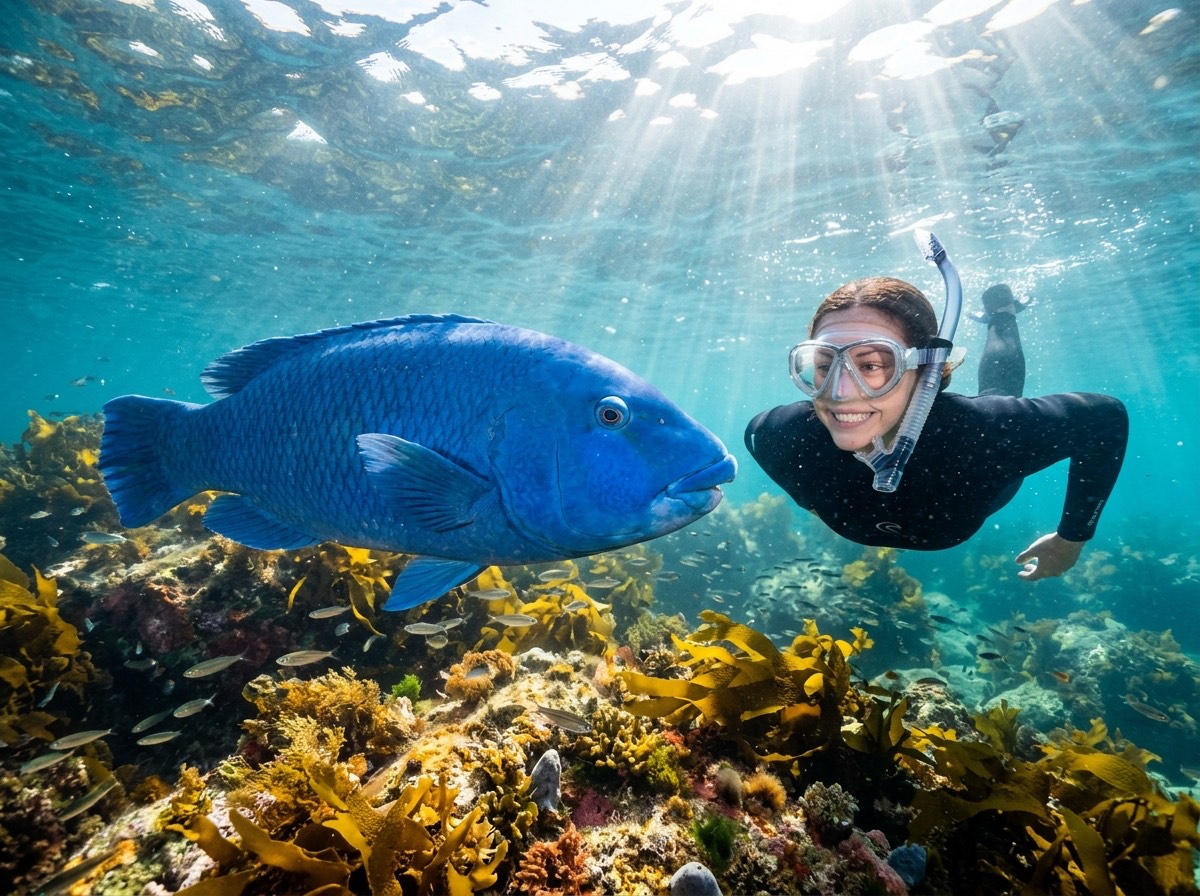 A snorkeller face to face with an eastern blue groper over the reef at Cabbage Tree Bay