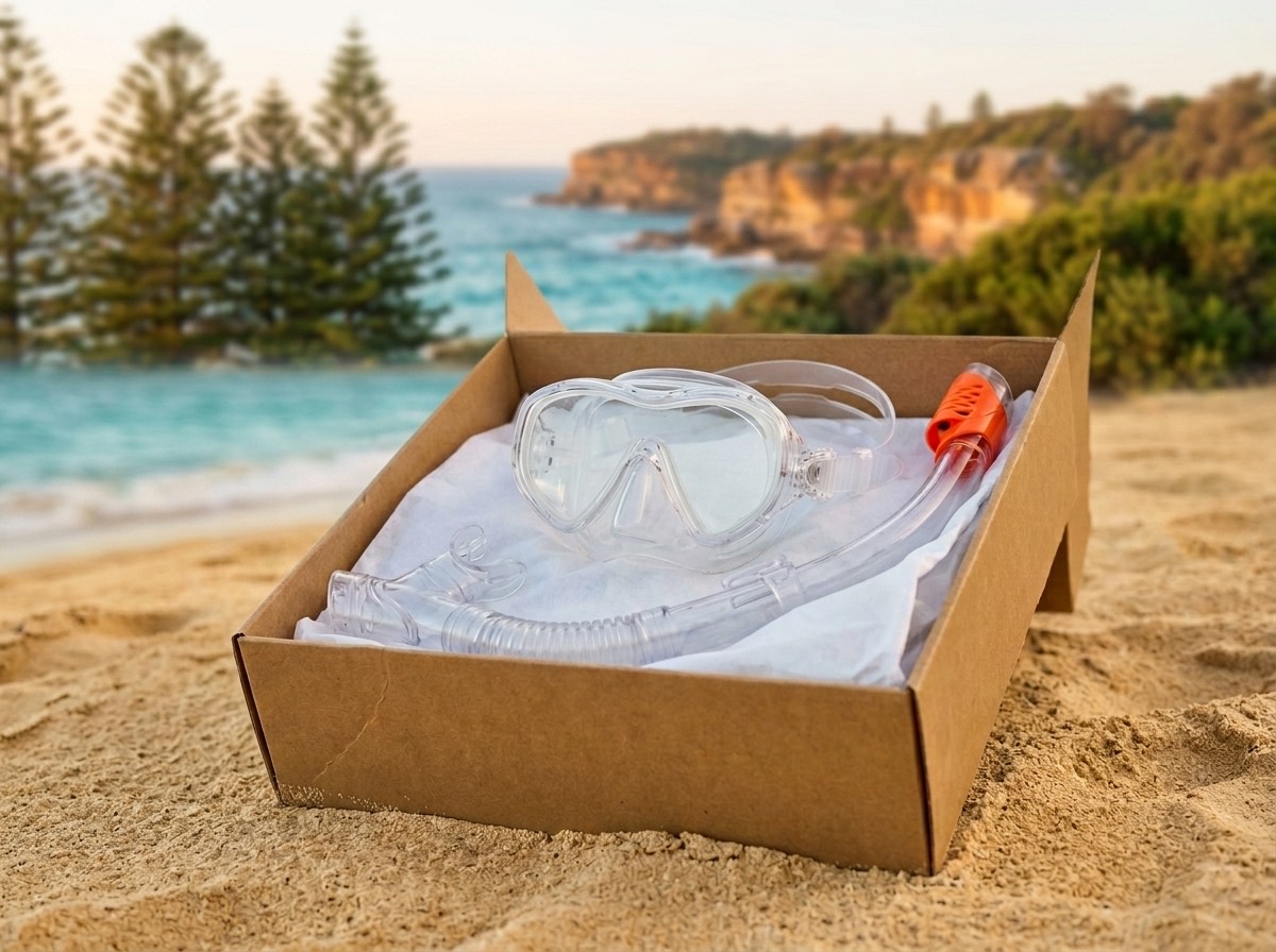 A brand-new mask and snorkel presented in an open gift box on the sand